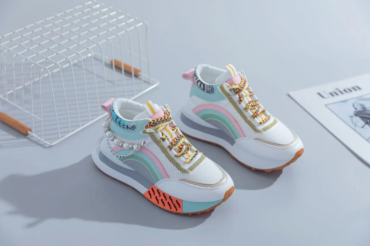 pink Color Pearl Embellished Chunky Sneakers for Casual Walking