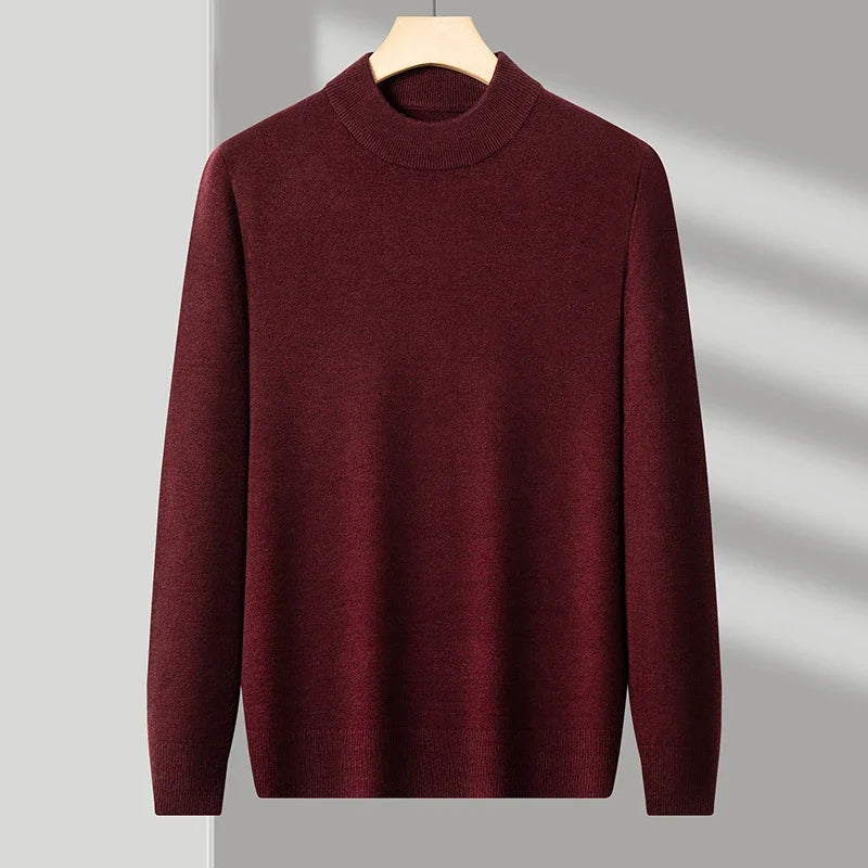 Red Color Men's Mock Neck Knit Sweater Pullover for Autumn Winter
