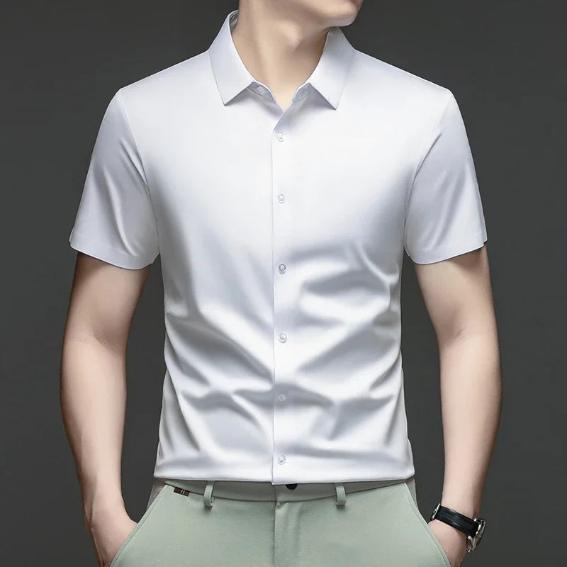 WHITE Color Men's Ice Silk Short Sleeve Shirt – Lightweight Casual