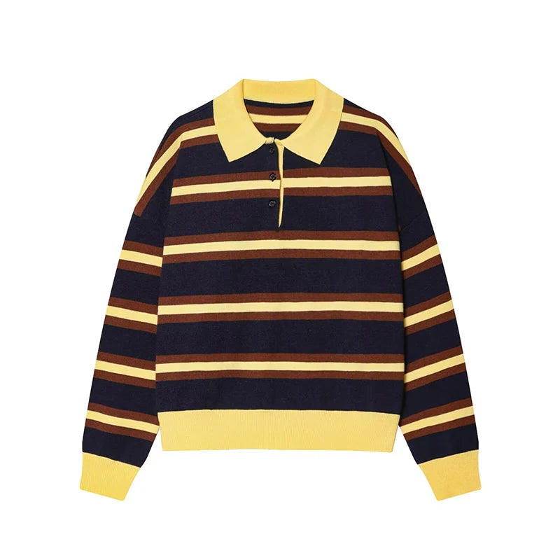 YELLOW Color Women’s Striped Knit Polo Sweater – Casual Loose Pullover