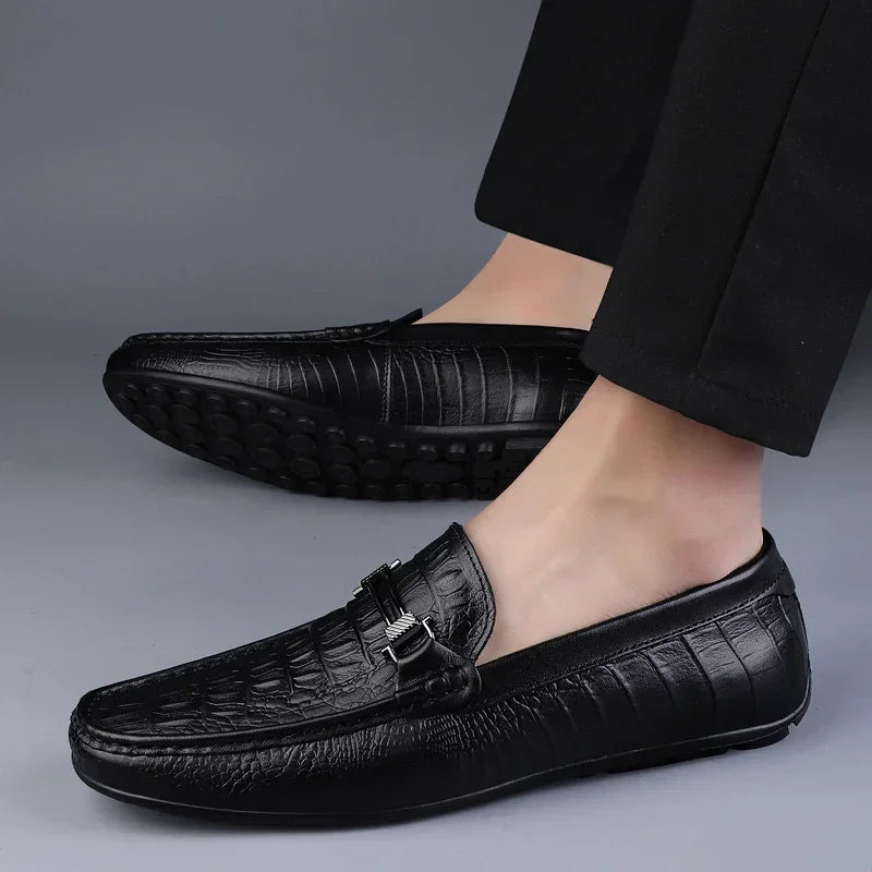 Men's Genuine Leather Loafers With Metal Buckle Comfort