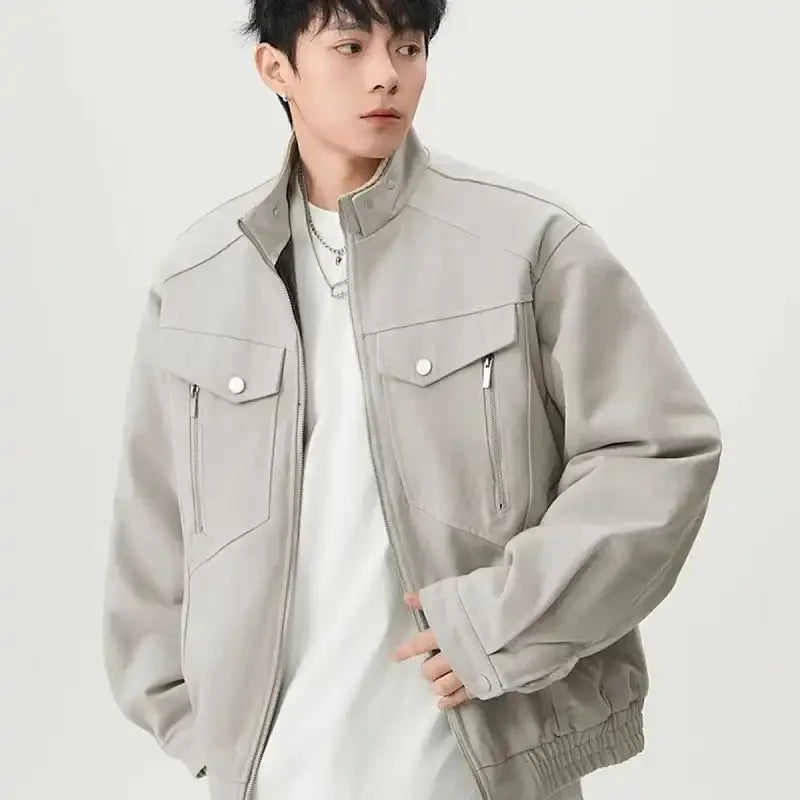 light gray Color Men's Stand Collar Workwear Jacket With Zipper