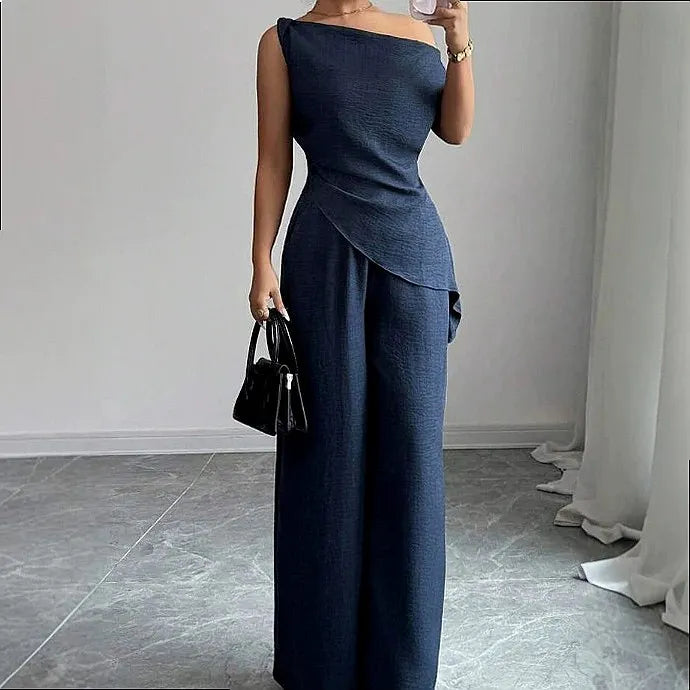 One Shoulder Wide Leg Jumpsuit Set For Women