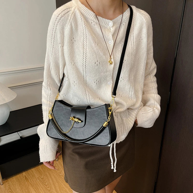 Women’s PU Leather Baguette Shoulder Bag With Chain Detail