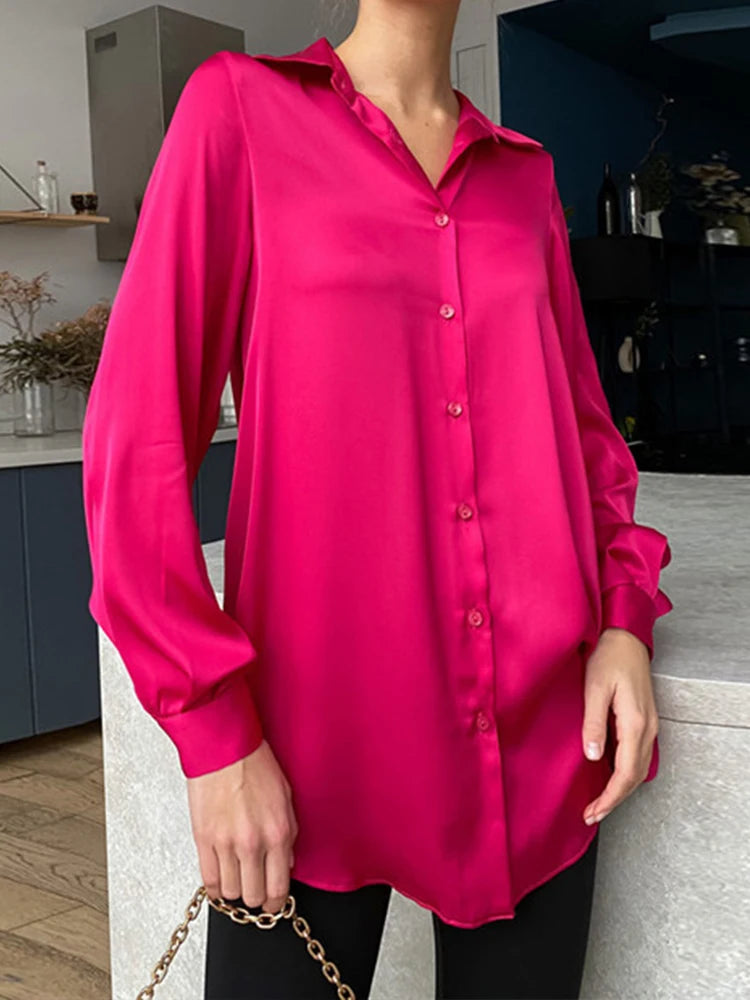 Rose Red Color Women’s Satin Button-Up Blouse For Office Or Casual