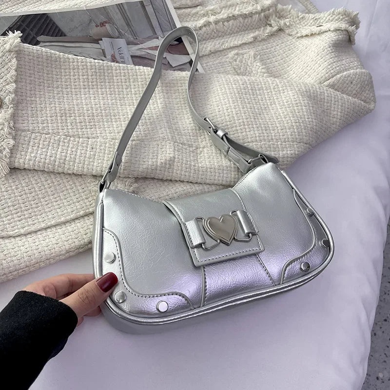 Silver-Love Color Bow Shoulder Underarm Bag For Women PU Saddle Handbag