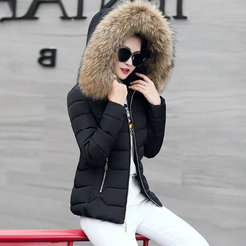 Black Yellow Hair Color Women’s Hooded Winter Parka Jacket With Cotton Filling
