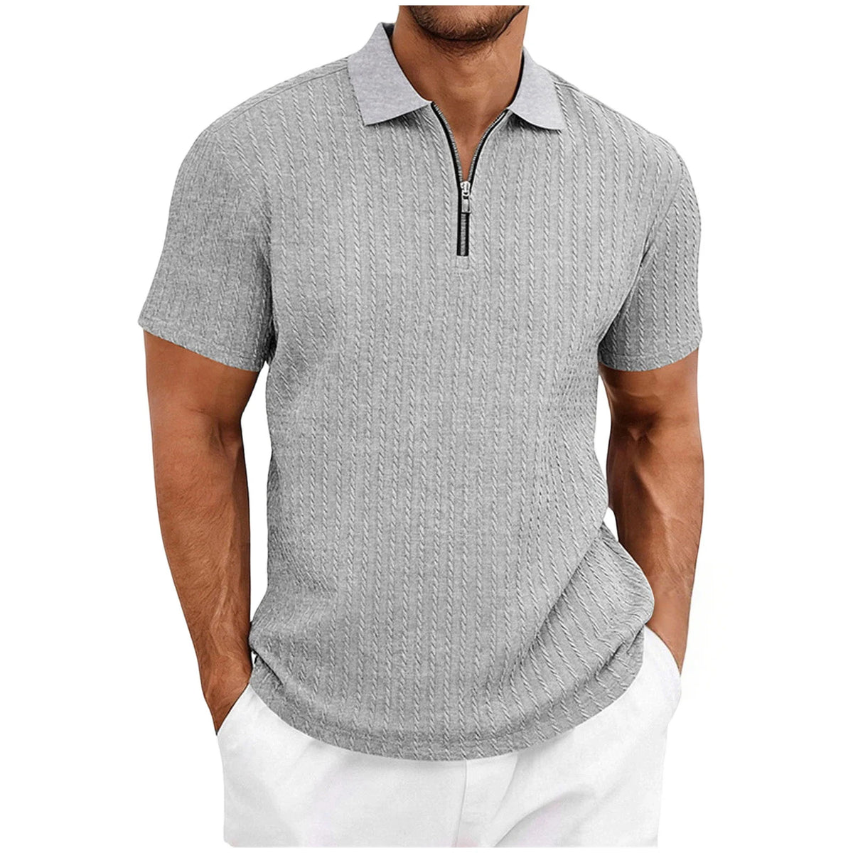 Light Gray Color Men’s Textured Half Zip Short Sleeve Casual Shirt