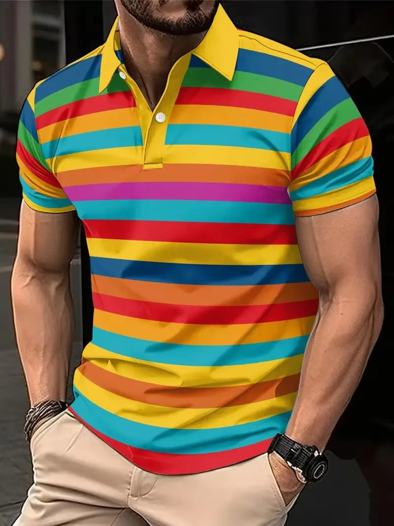 Men's Striped Polo Shirt Short Sleeve Casual Top