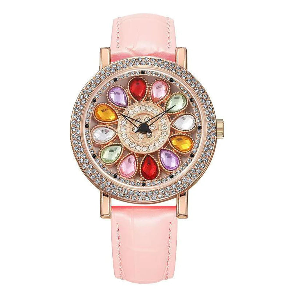 pink Color Women’s Quartz Dress Watch With Rhinestone Rotating Dial