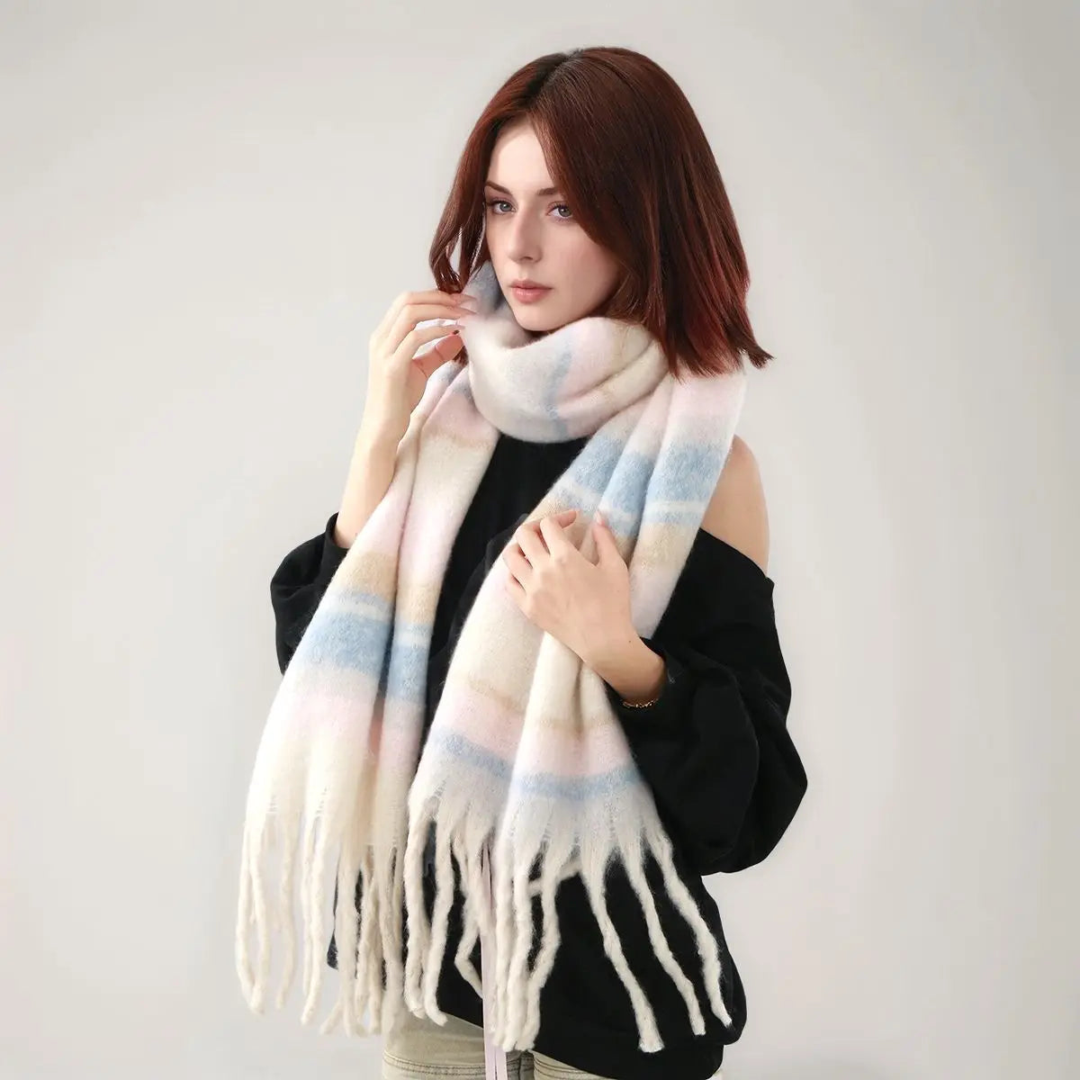 Plaid Tassel Pashmina Scarf – Soft Faux Cashmere Wrap
