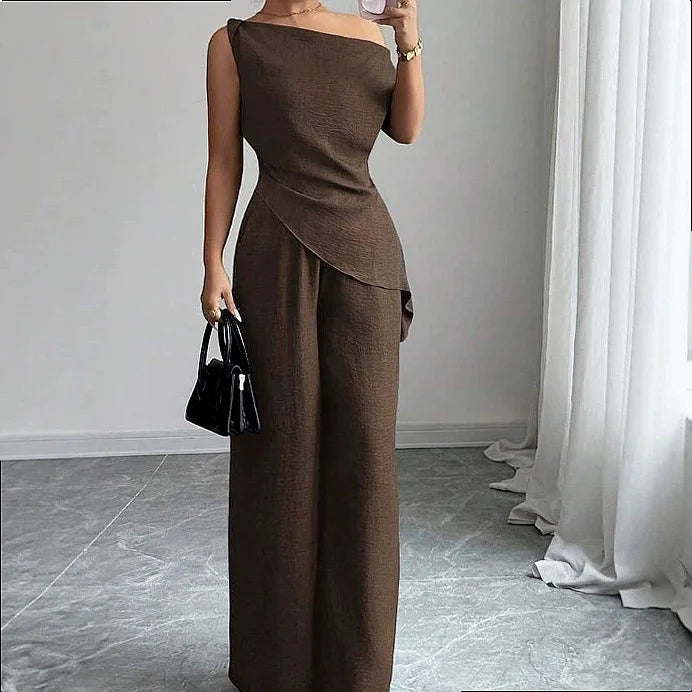 One Shoulder Wide Leg Jumpsuit Set For Women