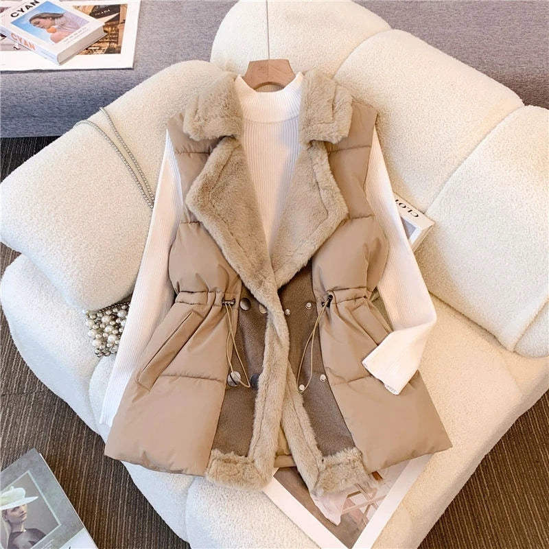 Women’s Faux Fur Collar Padded Winter Vest Coat