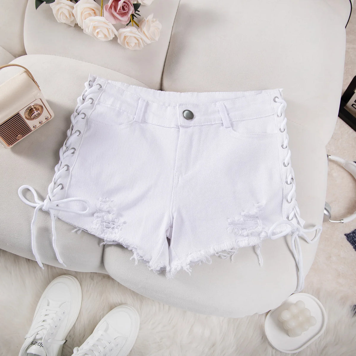 White Color High Waist Lace-Up Denim Shorts For Women