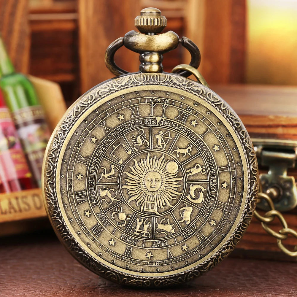 Vintage Bronze Tarot Pocket Watch Necklace Quartz