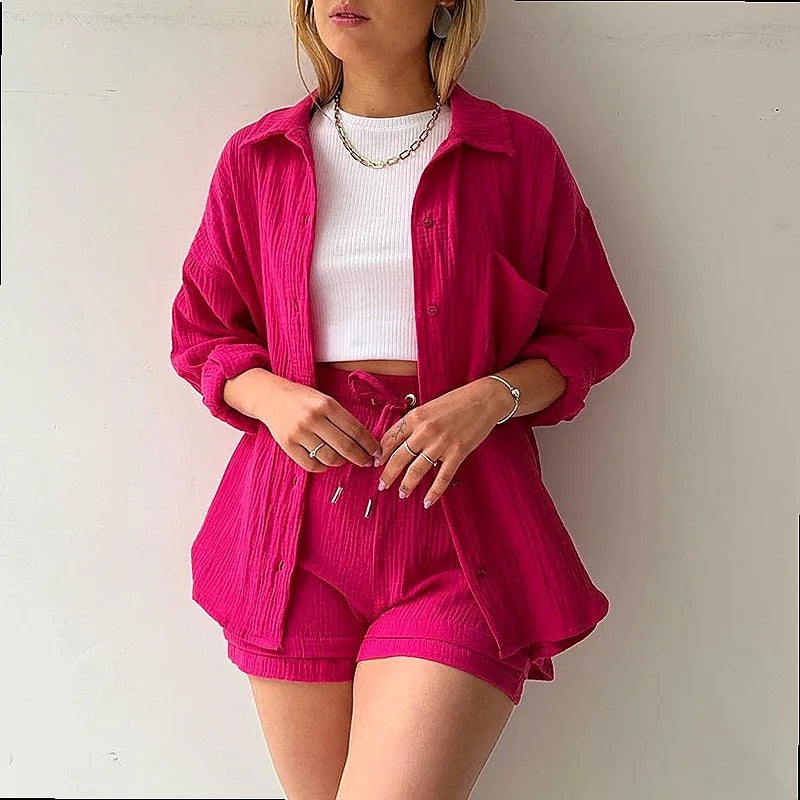 Women’s Printed Two-Piece Short Set Ruffle Blouse