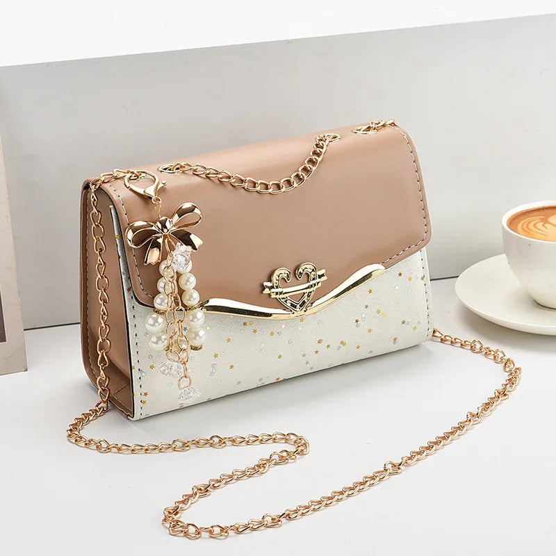 khaki  with pendant Color Women’s Sequin Box Shoulder Bag With Bow Chain Detail