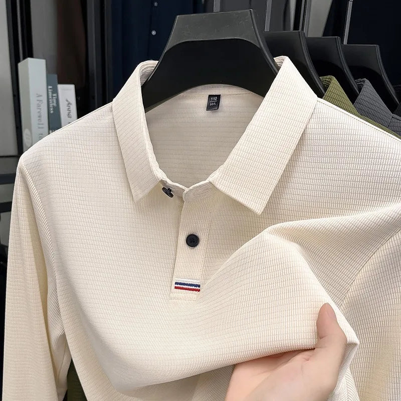 1109 No fleece Beige Color Men's Long Sleeve Polo Shirt – Fleece Lined, Non-Iron