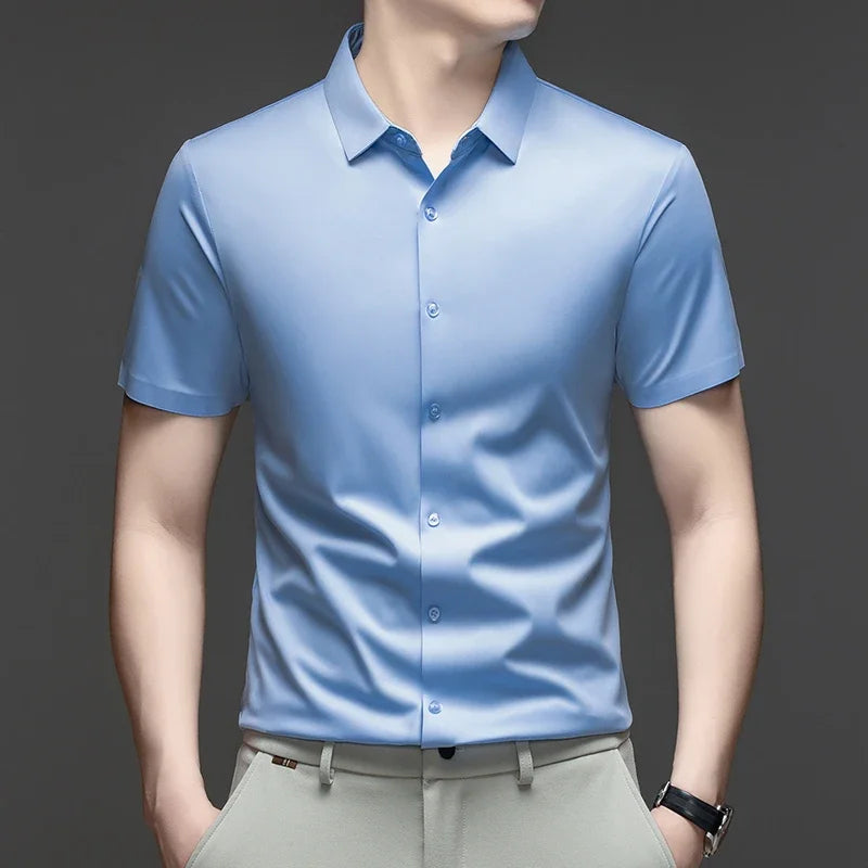 SKY BLUE Color Men's Ice Silk Short Sleeve Shirt – Lightweight Casual