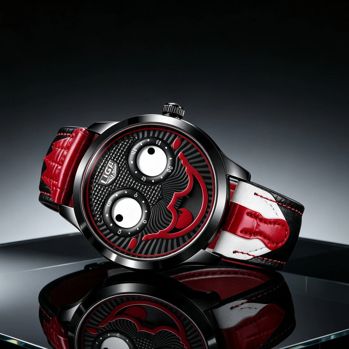 Black Color Men’s Quartz Watch With Clown Dial Leather Strap