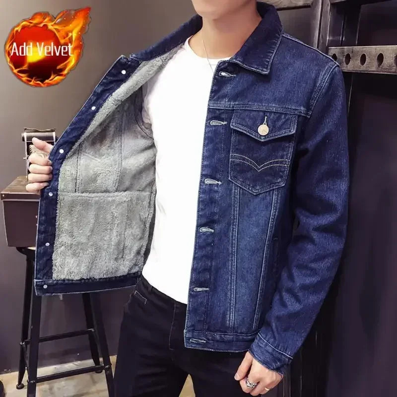 D-Dark Blue (Plush) Color Men's Sherpa-Lined Denim Jacket – Warm Winter Coat
