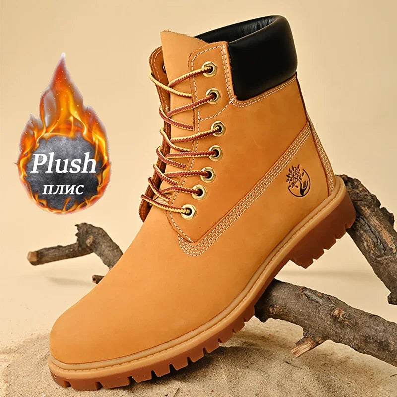 Plush Yellow Color Men’s PU Outdoor Boots With Rubber Sole Lace-Up Design