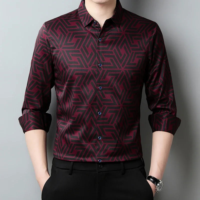 Red Color Men's Casual Printed Shirt – Long Sleeve Smart Style