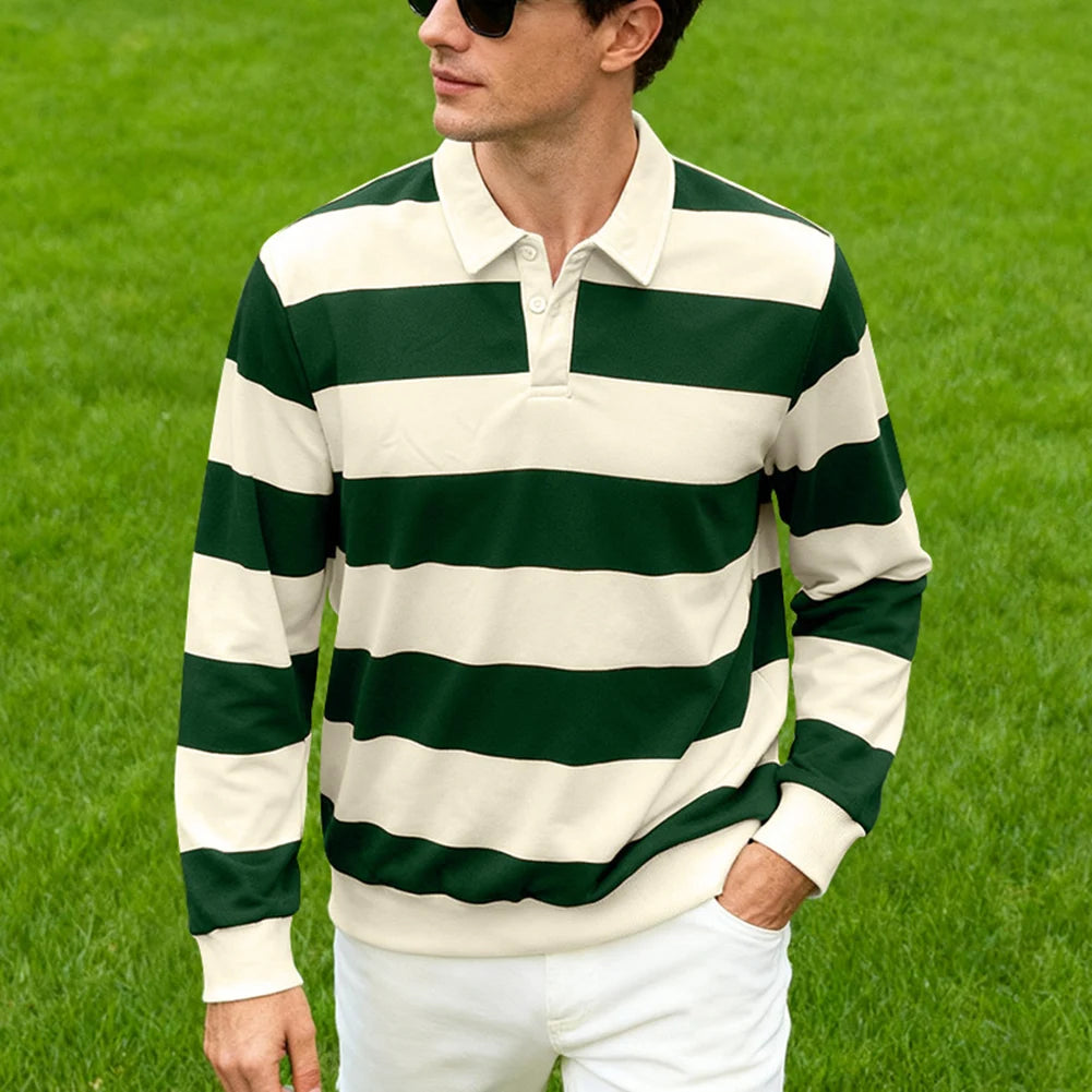 Green Color Men’s Striped Long Sleeve Polo T-Shirt Casual Top