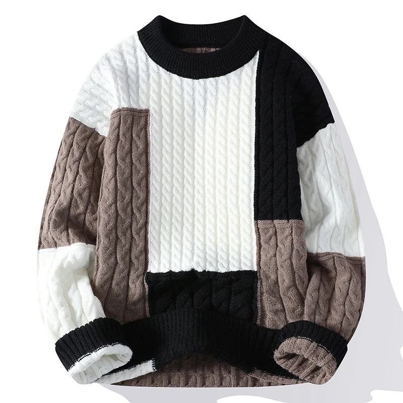 Men’s Patchwork Knit Sweater – Casual Autumn Winter Pullover