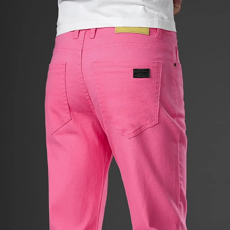 Rose Red Color Men's White Straight Jeans Cotton Blend Business Casual