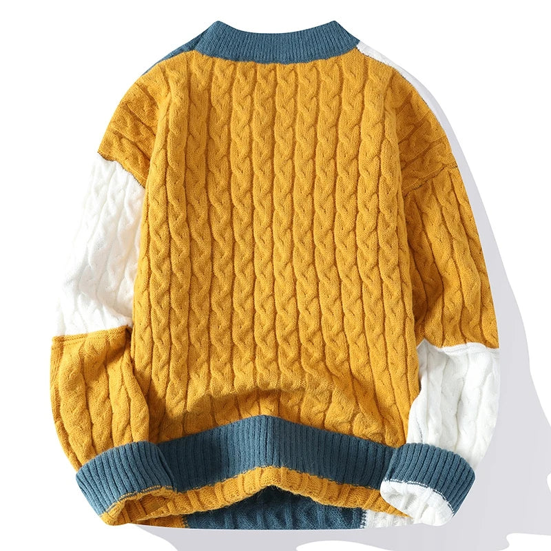 Men’s Patchwork Knit Sweater – Casual Autumn Winter Pullover