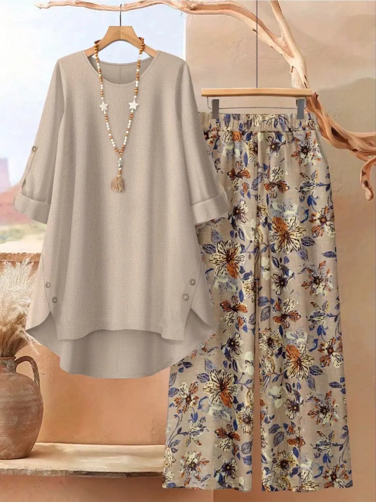 Plus Size Women’s Two Piece Set With Floral Wide Leg Pants