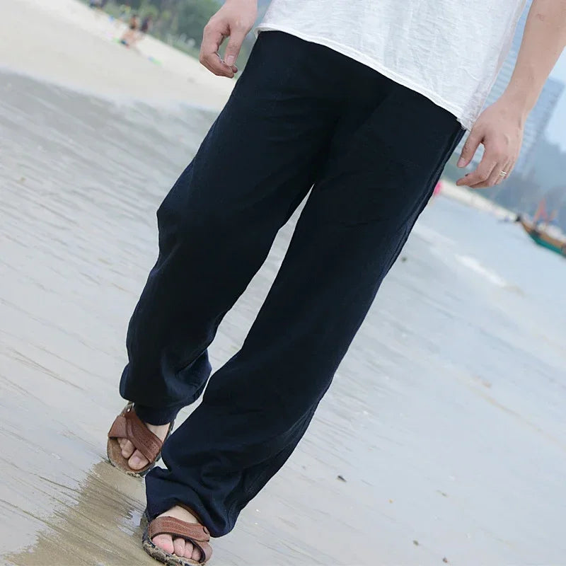 Men's Cotton Linen Casual Pants With Elastic Waist
