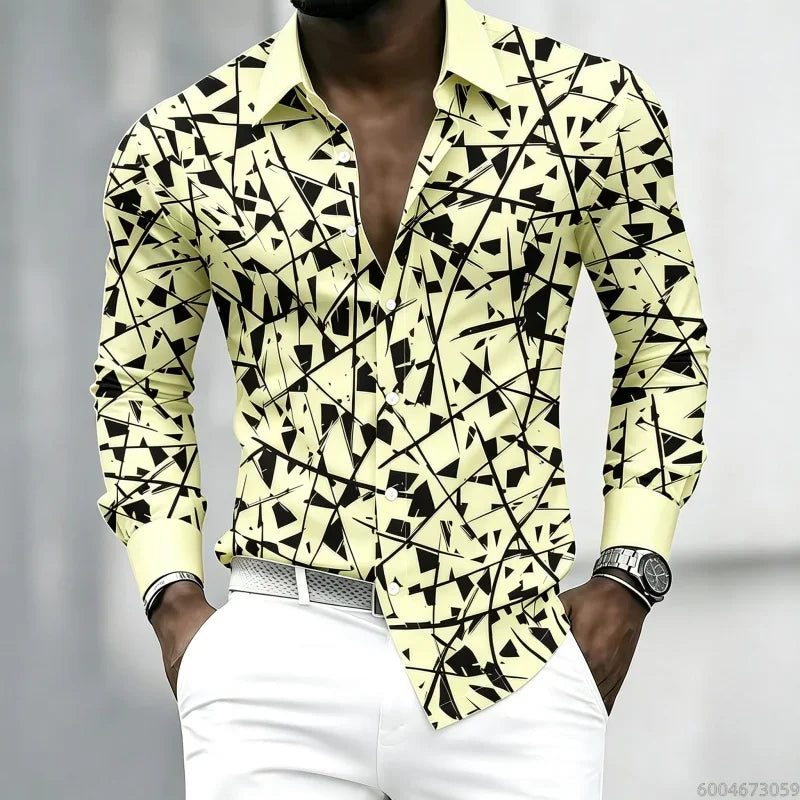 YCZWZW080798Y Color Men's Geometric Print Lapel Shirt Casual Long Sleeve
