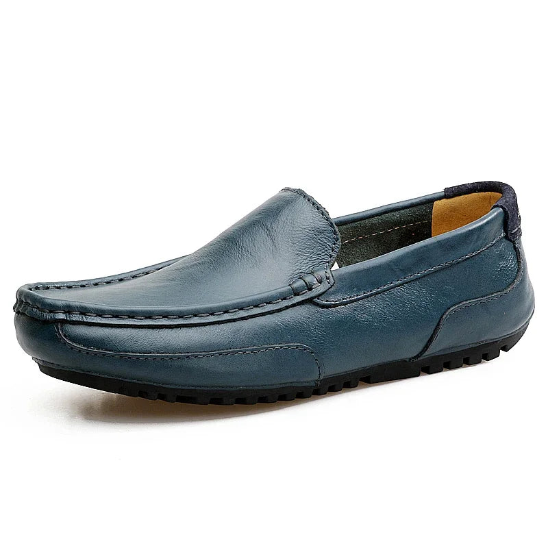 blue Color Men’s Genuine Leather Loafers – Breathable Slip-On Driving Shoes