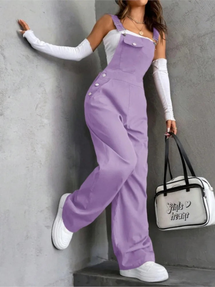 PURPLE Color Women’s Loose Wide Leg Bib Overalls With Pockets