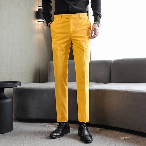 YELLOW Color Men’s Formal Office Trousers Casual Stretch Suit Pants