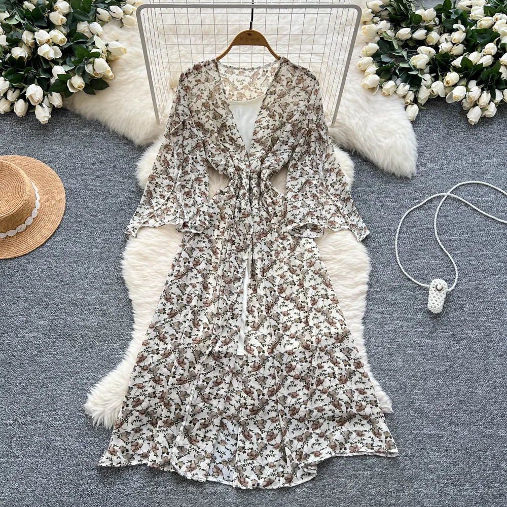 apricot Color Women’s Floral Chiffon Two-Piece Midi Dress Set