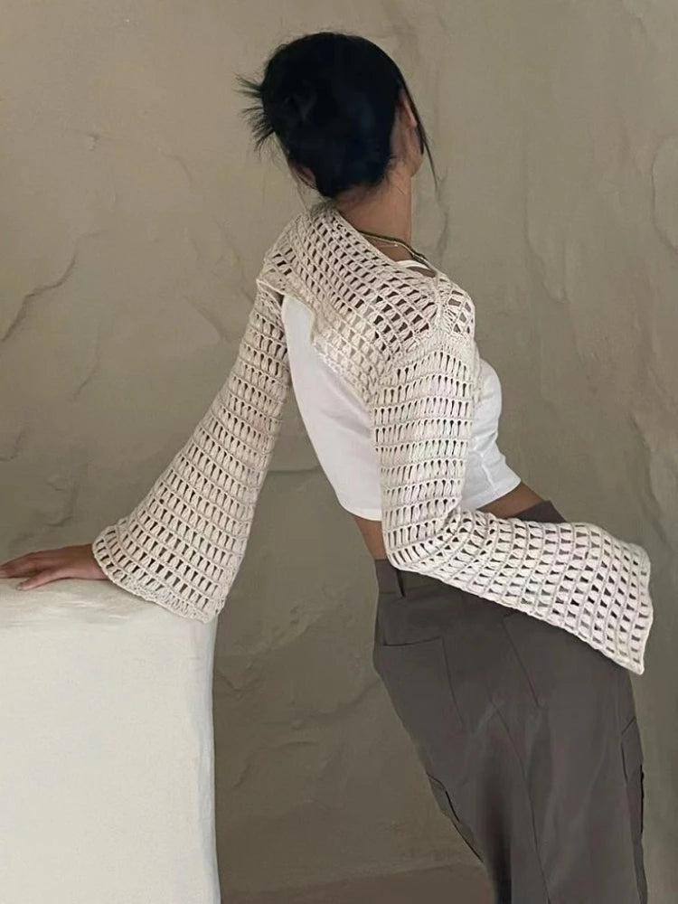 Women's Vintage Crochet Long Sleeve Crop Top Tee