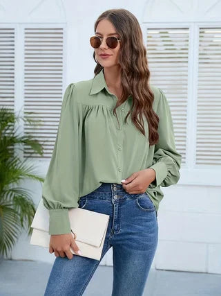army green Color Women’s Chiffon Blouse With Lantern Sleeves And Pleats