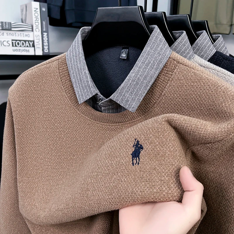 Men’s Fleece-Lined Knit Sweater with Shirt Collar