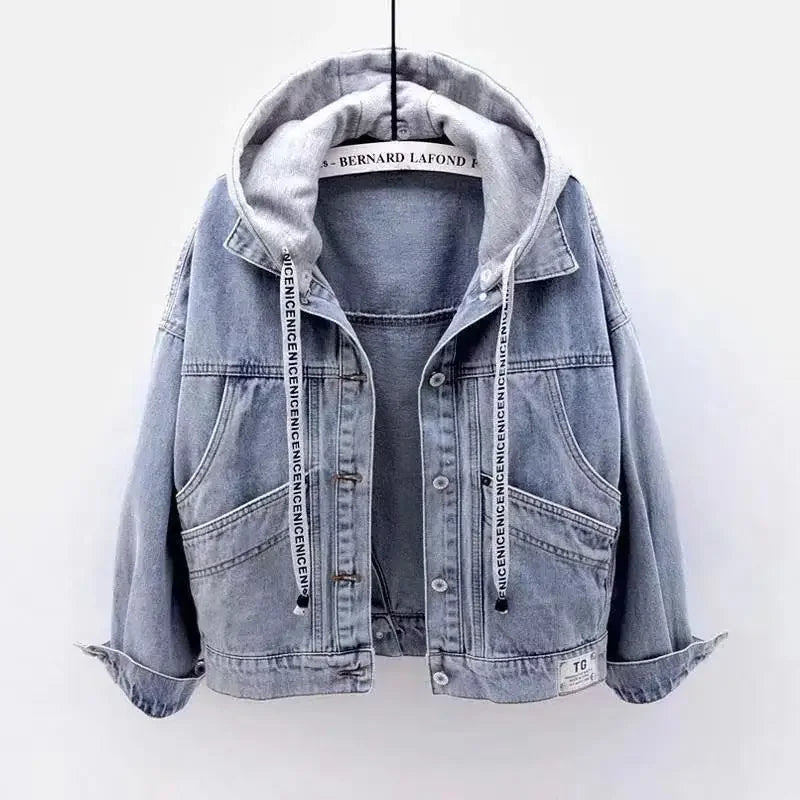 No hat Color Women’s Hooded Denim Jacket With Large Pockets