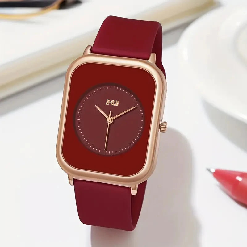 Rose Red No Box Color Women’s Rectangle Quartz Watch With Silicone Strap