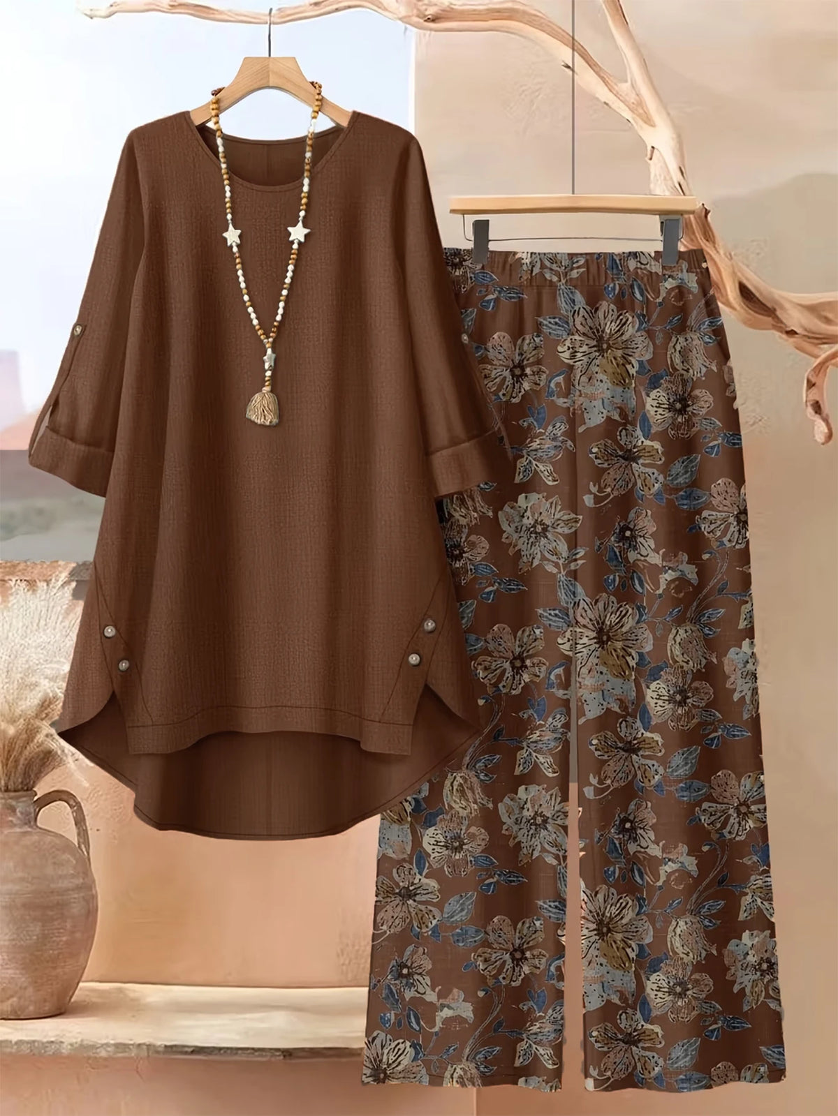 HJ400zong Color Plus Size Women’s Two Piece Set With Floral Wide Leg Pants