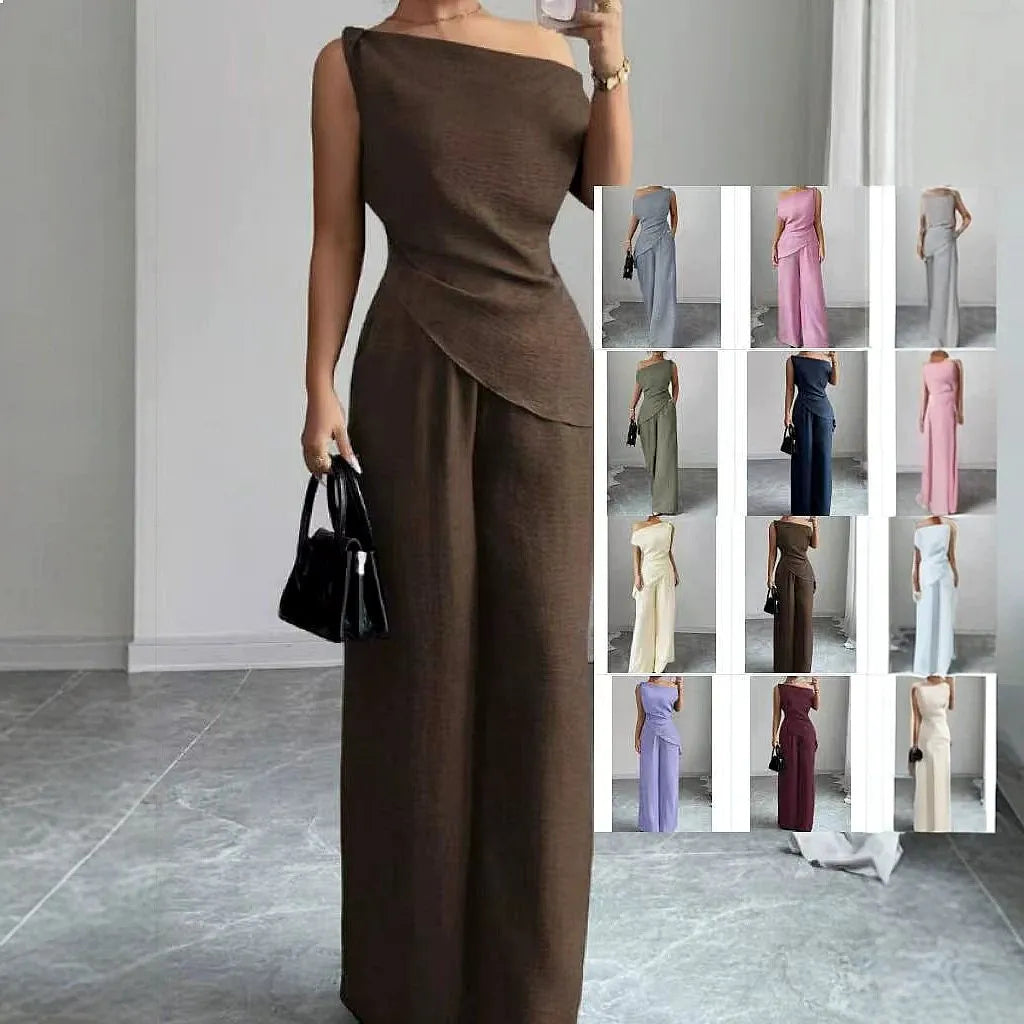 One Shoulder Wide Leg Jumpsuit Set For Women