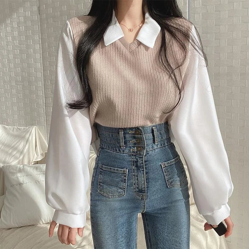 Ribbed Knit Vest Polo Top With Chiffon Long Sleeves