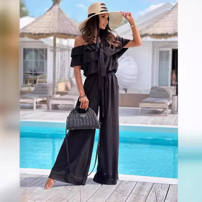 Women’s Off Shoulder Solid Jumpsuit With Cinched Waist
