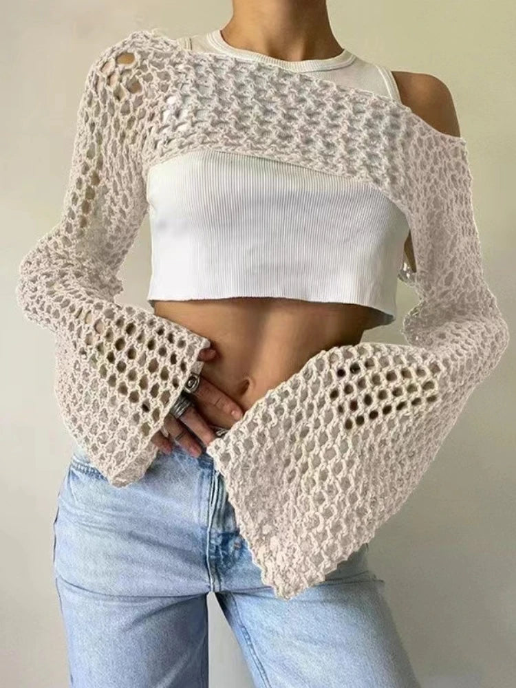 Women's Vintage Crochet Long Sleeve Crop Top Tee