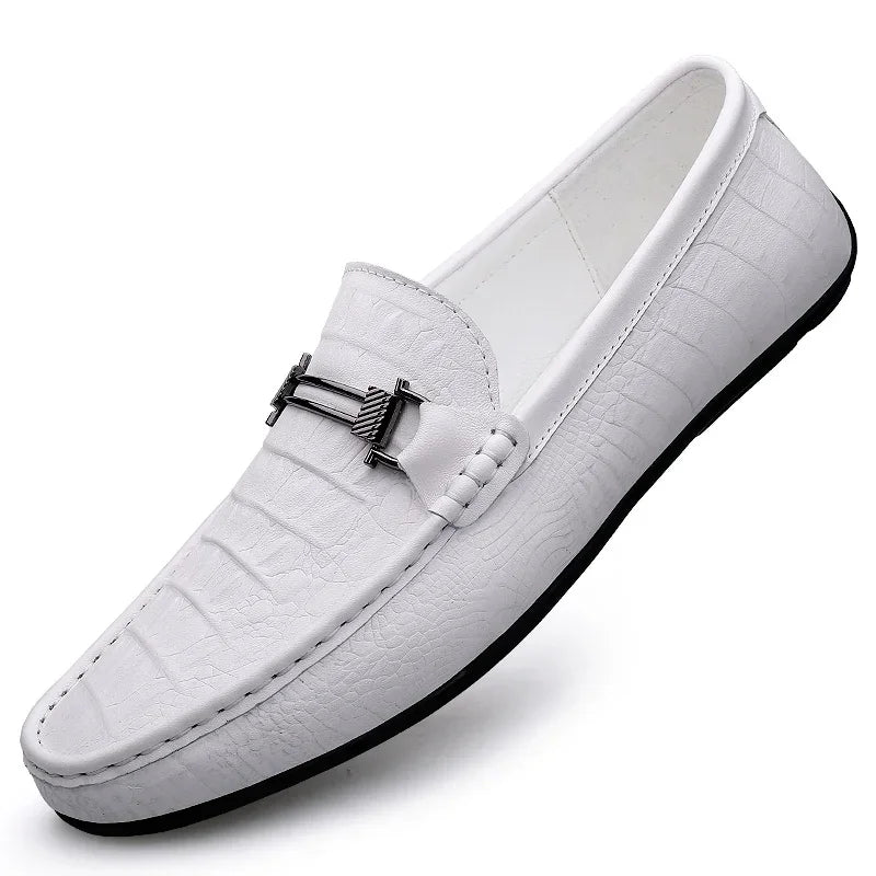 WHITE Color Men's Genuine Leather Loafers With Metal Buckle Comfort