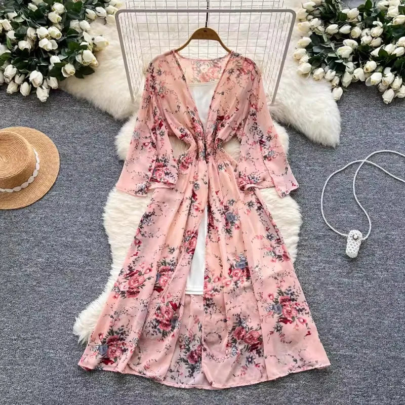 pink Color Women’s Floral Chiffon Two-Piece Midi Dress Set